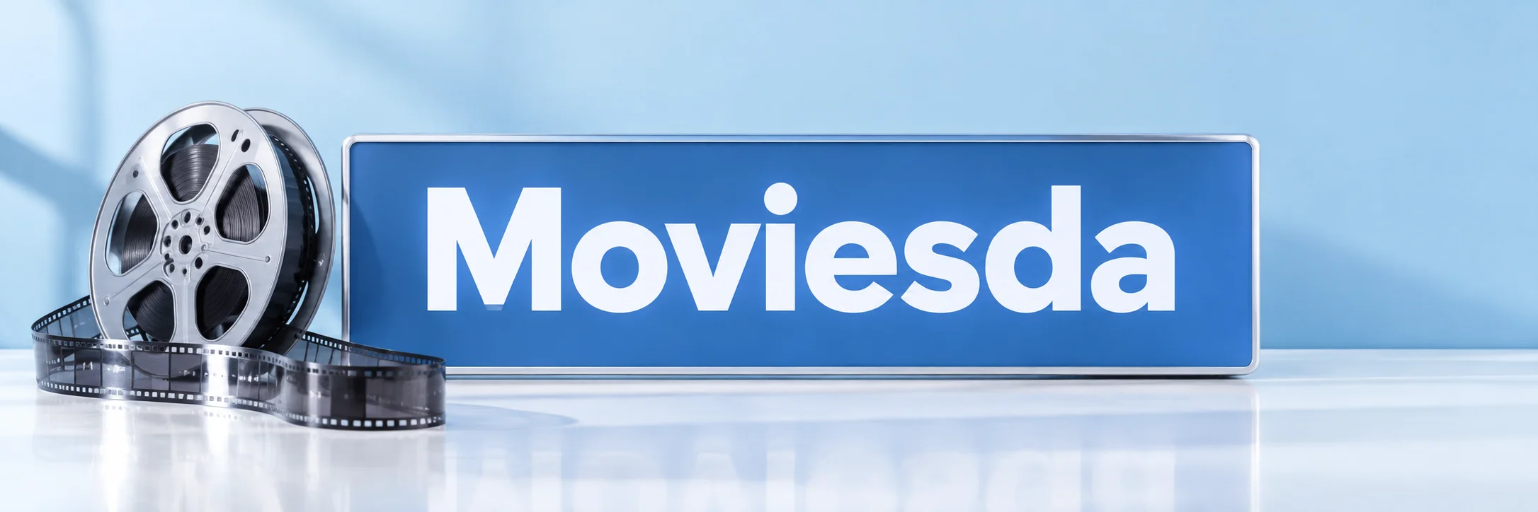 Moviesda in white on a blue cinema nameplate beside a film reel